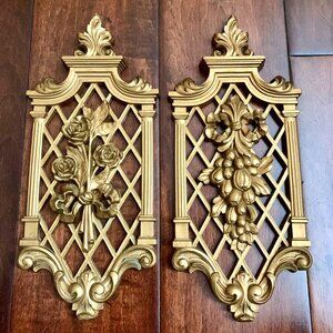Vintage MCM Set of 2 Brush Gold Dart Inc. Floral Trellis-styled Wall Plaques